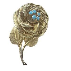 Vintage Brooch Turquoise Rhinestones Flower Wrapped Gold Wire Rare Quality Craft
